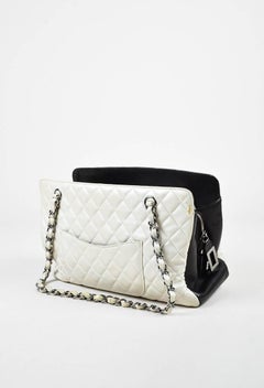 Chanel White & Black Leather Quilted Colorblock Chain Strap 'CC' Tote