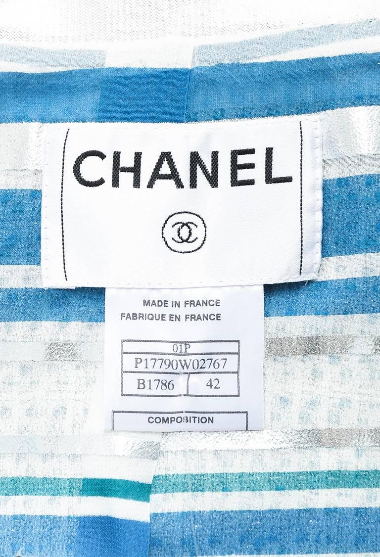Women's Chanel 01P NWOT Blue Silver Green Tweed Striped Open Jacket SZ 42 For Sale