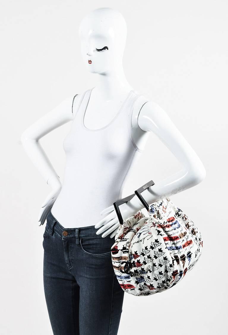 Chanel Cream Multicolor Velvet Script Logo Print Frame Handle Hobo Bag For Sale 3