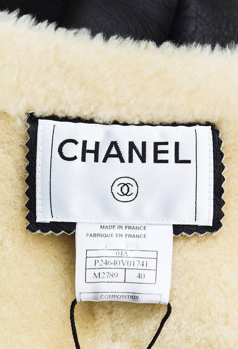Chanel 04A Black Shearling Leather Fur Double Zip Moto Jacket SZ 40 For Sale 1