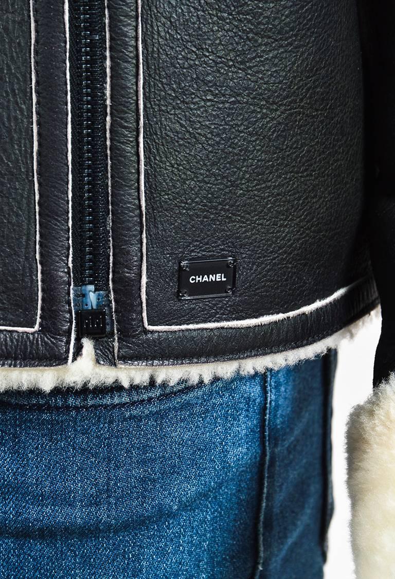 Women's Chanel 04A Black Shearling Leather Fur Double Zip Moto Jacket SZ 40 For Sale