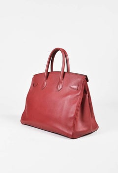 Vintage Hermes Rouge Vif Red Courchevel Leather "Birkin 35" Satchel Bag