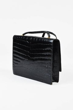 Vintage Hermes Black Genuine Crocodile Gold Tone Lock Front Flap Shoulder Bag