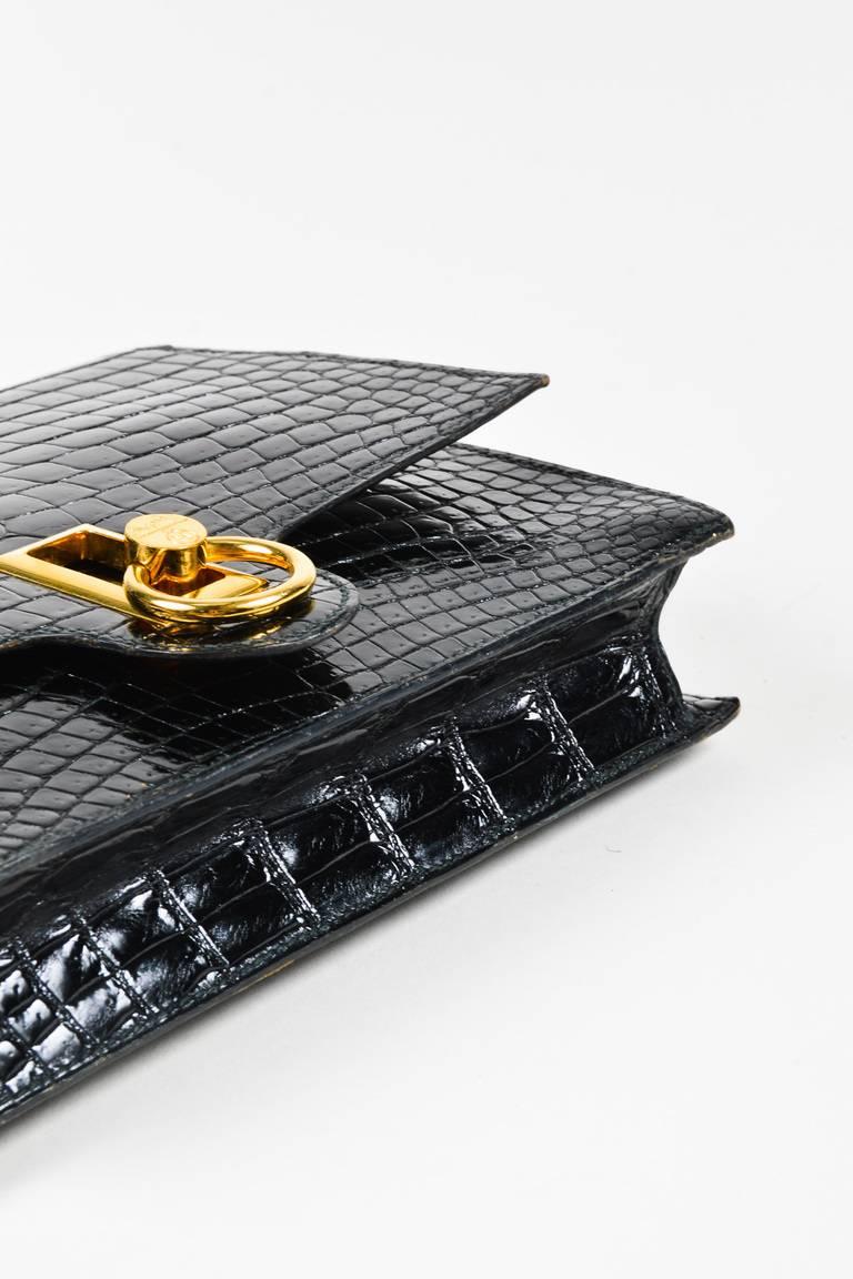 Vintage Hermes Black Genuine Crocodile Gold Tone Lock Front Flap Shoulder Bag In Good Condition For Sale In Chicago, IL