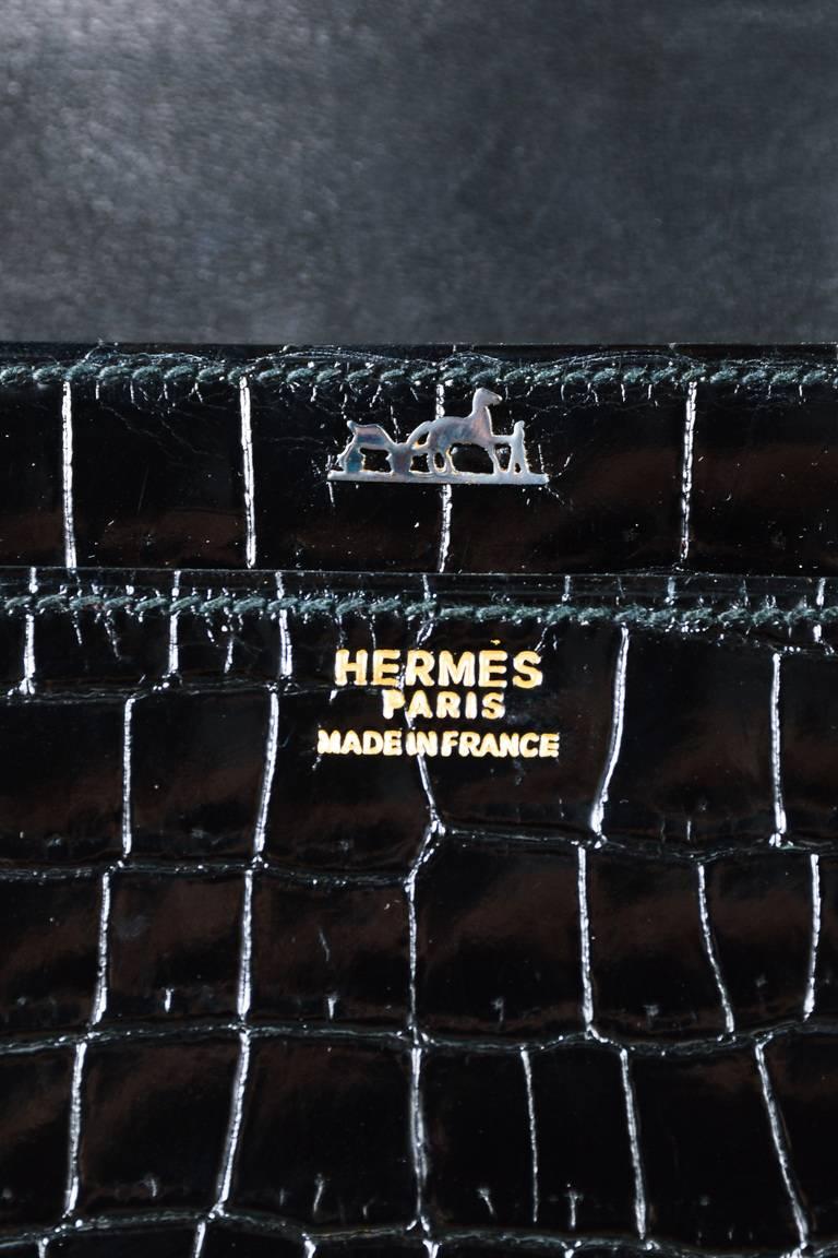 Vintage Hermes Black Genuine Crocodile Gold Tone Lock Front Flap Shoulder Bag For Sale 3