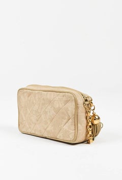 Vintage Chanel Beige Quilted Chain Strap Tassel 'CC' Shoulder Camera Bag
