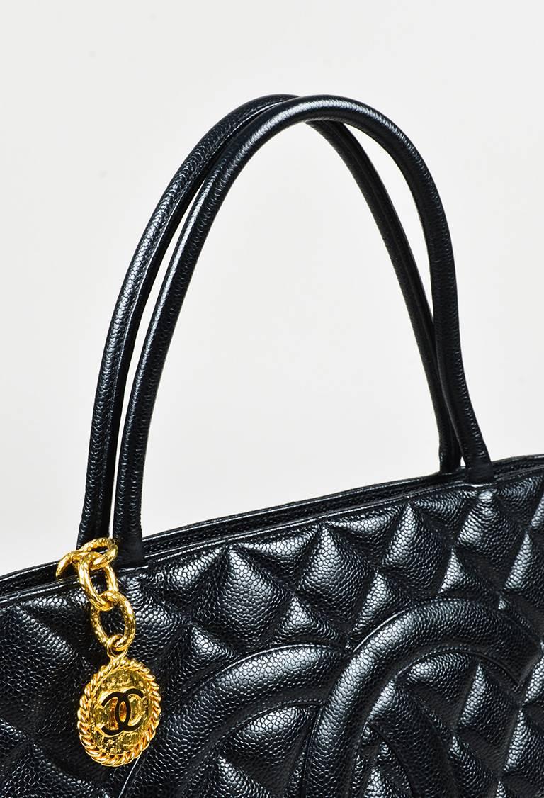 Vintage Chanel Black Caviar Leather Quilted Medallion Shoulder Tote Bag For Sale 1