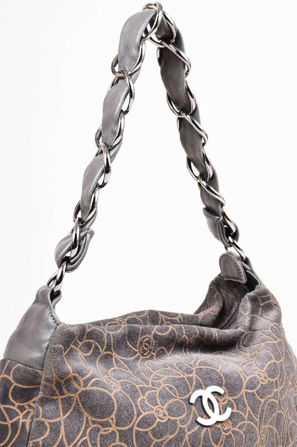 Chanel Gray Taupe Suede Leather Chain Strap Camellia Flower Shoulder Bag For Sale 1