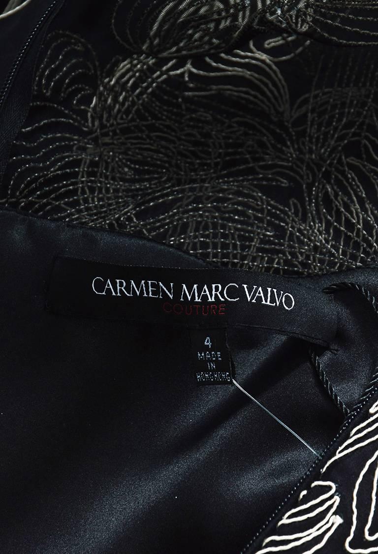 Carmen Marc Valvo Couture Black Silk Cream Embroidered SL Princess Gown SZ 4 For Sale 1
