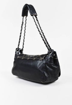 Chanel Black Lambskin Quilted Topstitched "Accordion" Flap Bag