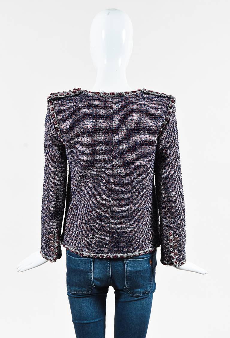 Black Chanel Spring 2016 Blue Red & White Cotton Tweed 'CC' Button Jacket SZ 36 For Sale