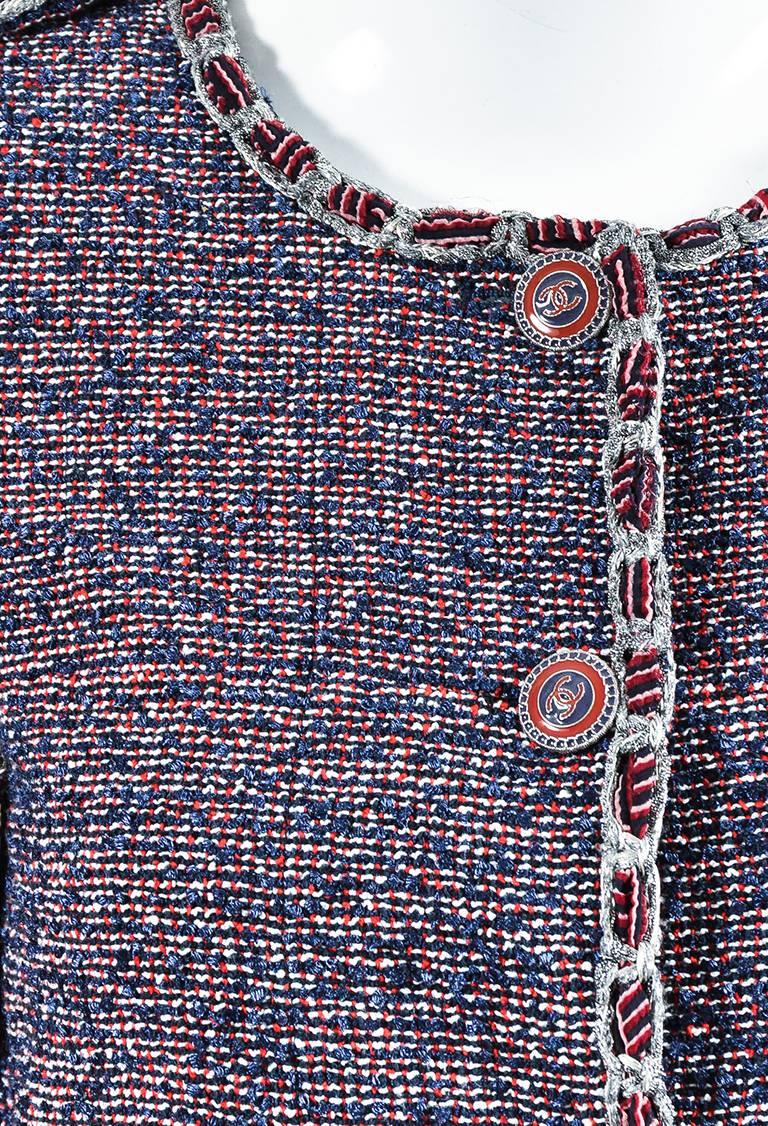 Chanel Spring 2016 Blue Red & White Cotton Tweed 'CC' Button Jacket SZ 36 In Excellent Condition For Sale In Chicago, IL
