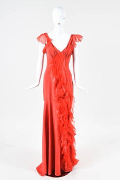 Zac Posen Red Silk Chiffon Tiered Ruffle Draped Sleeveless Gown Dress SZ 6