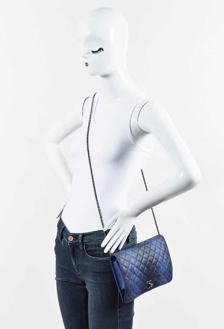Chanel Blue Black Karung Snakeskin Ombre Flap Shoulder Bag For Sale 5