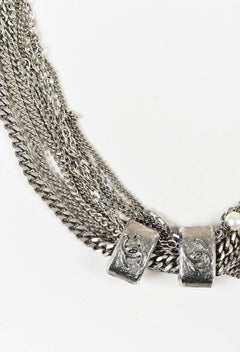 Chanel Silver Tone Chain Link Faux Pearl 'CC' Multi Strand Necklace