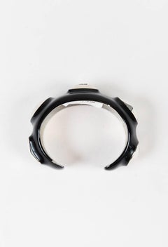 Chanel $945 Black Enamel Silver Tone Metal Embellished 'CC' Open Cuff Bracelet