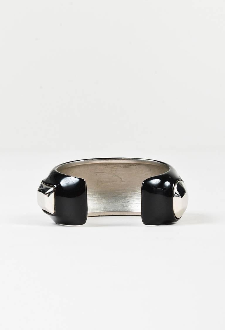 Chanel $945 Black Enamel Silver Tone Metal Embellished 'CC' Open Cuff Bracelet In Good Condition For Sale In Chicago, IL