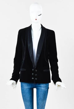 Chanel Black & White Velvet & Satin Lace Trim Tuxedo Jacket SZ 34