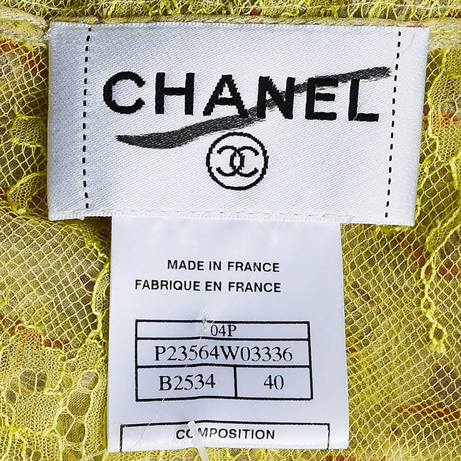 Chanel 2004 Spring Runway Green Multicolor Silk Chiffon Embellished Floral Dress In Excellent Condition For Sale In Chicago, IL