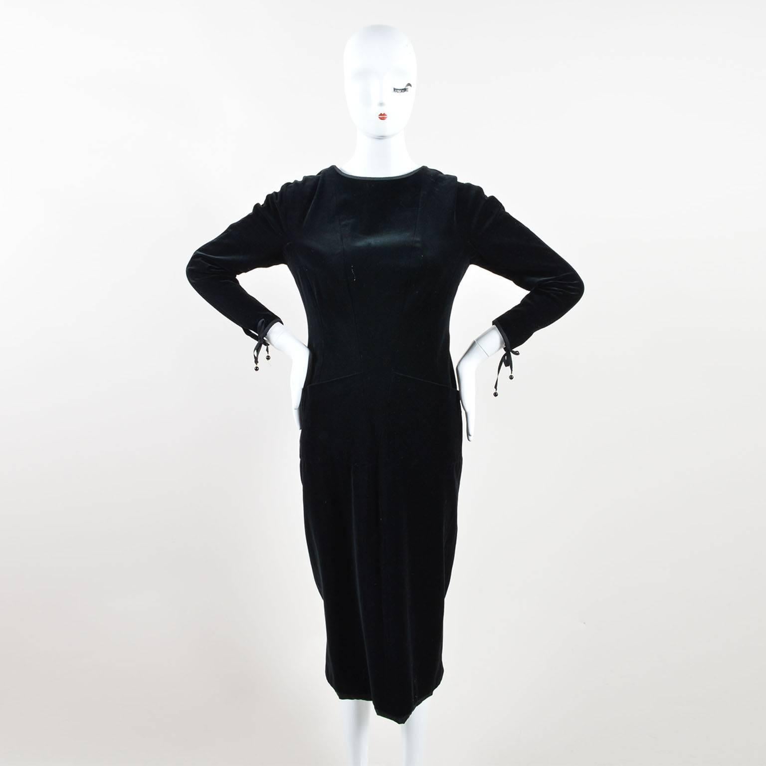 Vintage Chanel Boutique NWT Black Velvet Ribbon Tie LS Midi Sheath Dress SZ 40 In New Condition For Sale In Chicago, IL