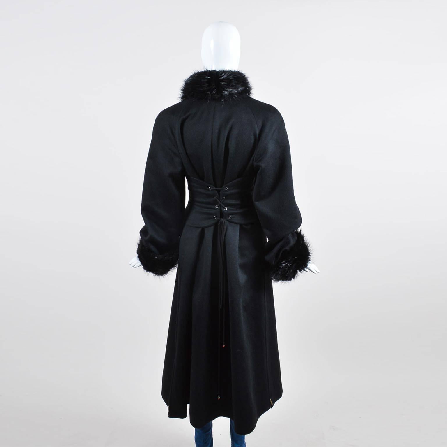 Chanel Black Cashmere Beaver Trim Double Breasted 'CC' Button Corset Coat SZ 44 In Excellent Condition For Sale In Chicago, IL
