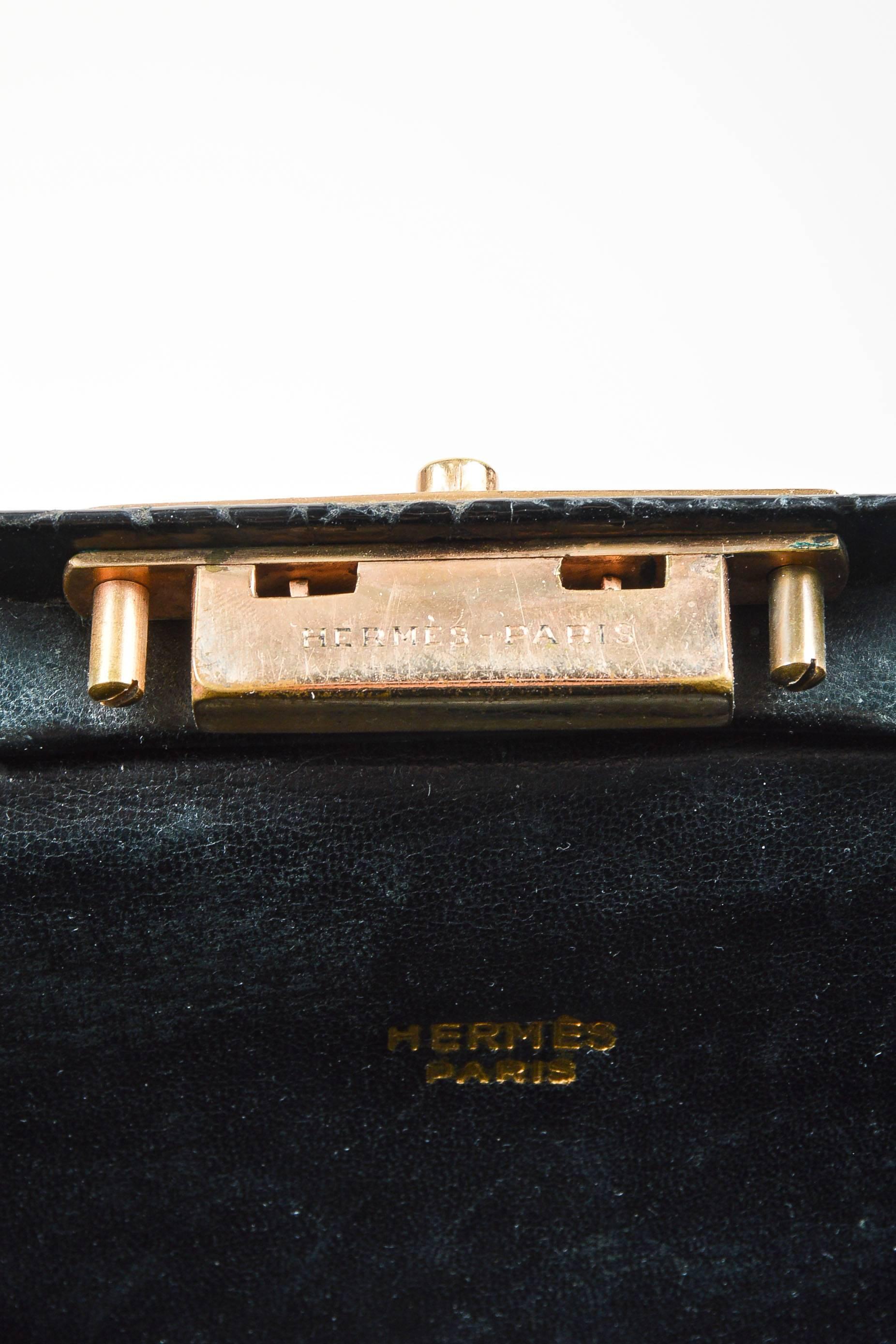 Vintage Hermes Black Gold Tone Crocodile Leather Satchel Frame Handbag For Sale 2