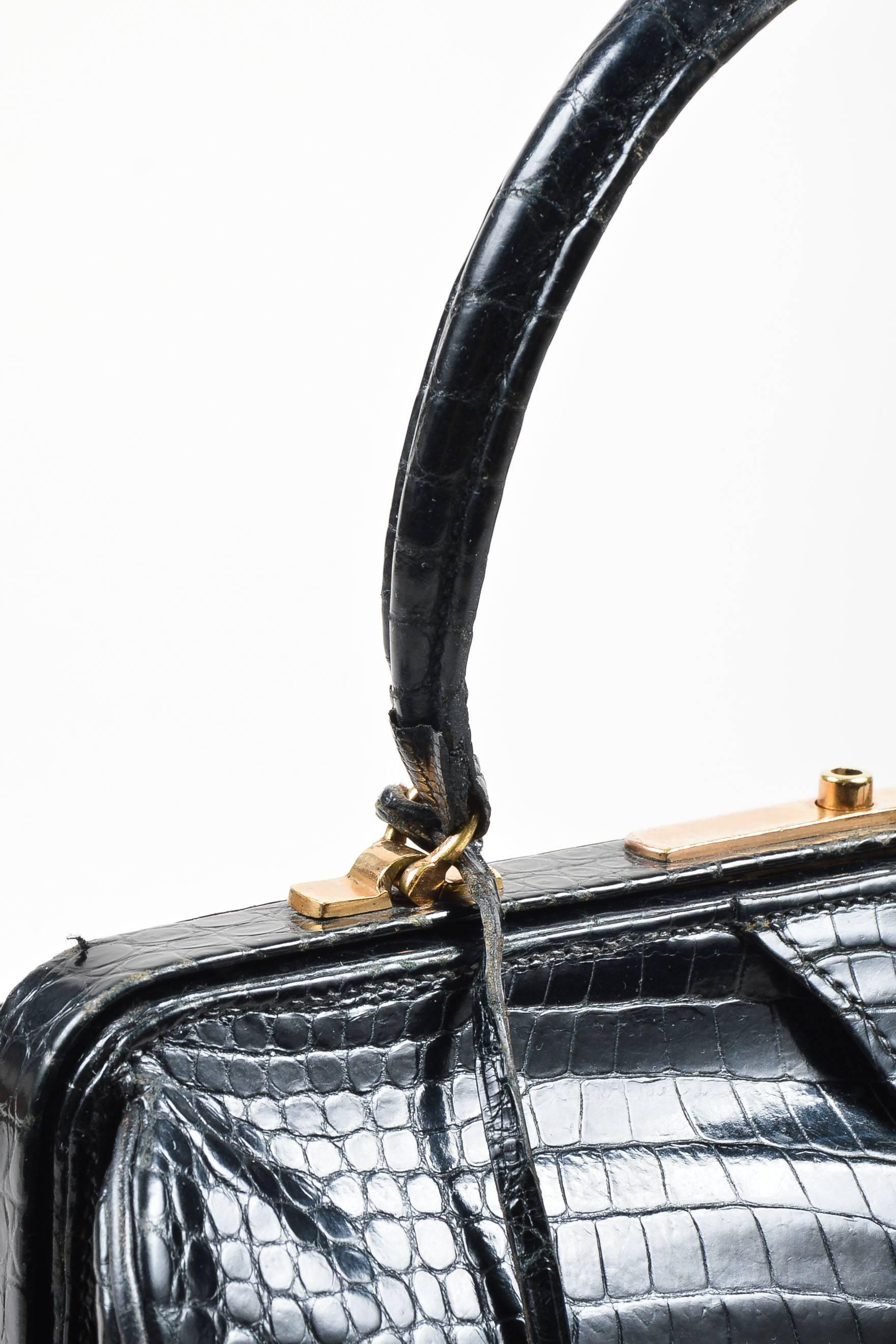 Vintage Hermes Black Gold Tone Crocodile Leather Satchel Frame Handbag For Sale 1