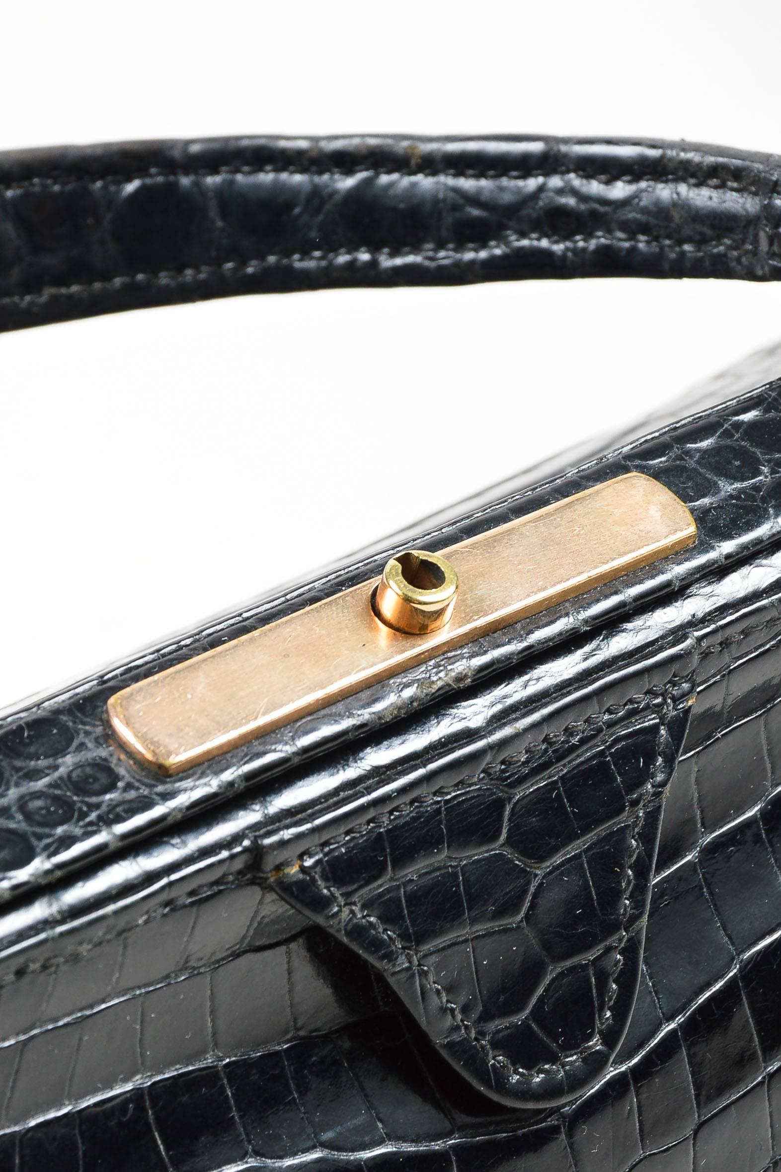 Women's Vintage Hermes Black Gold Tone Crocodile Leather Satchel Frame Handbag For Sale