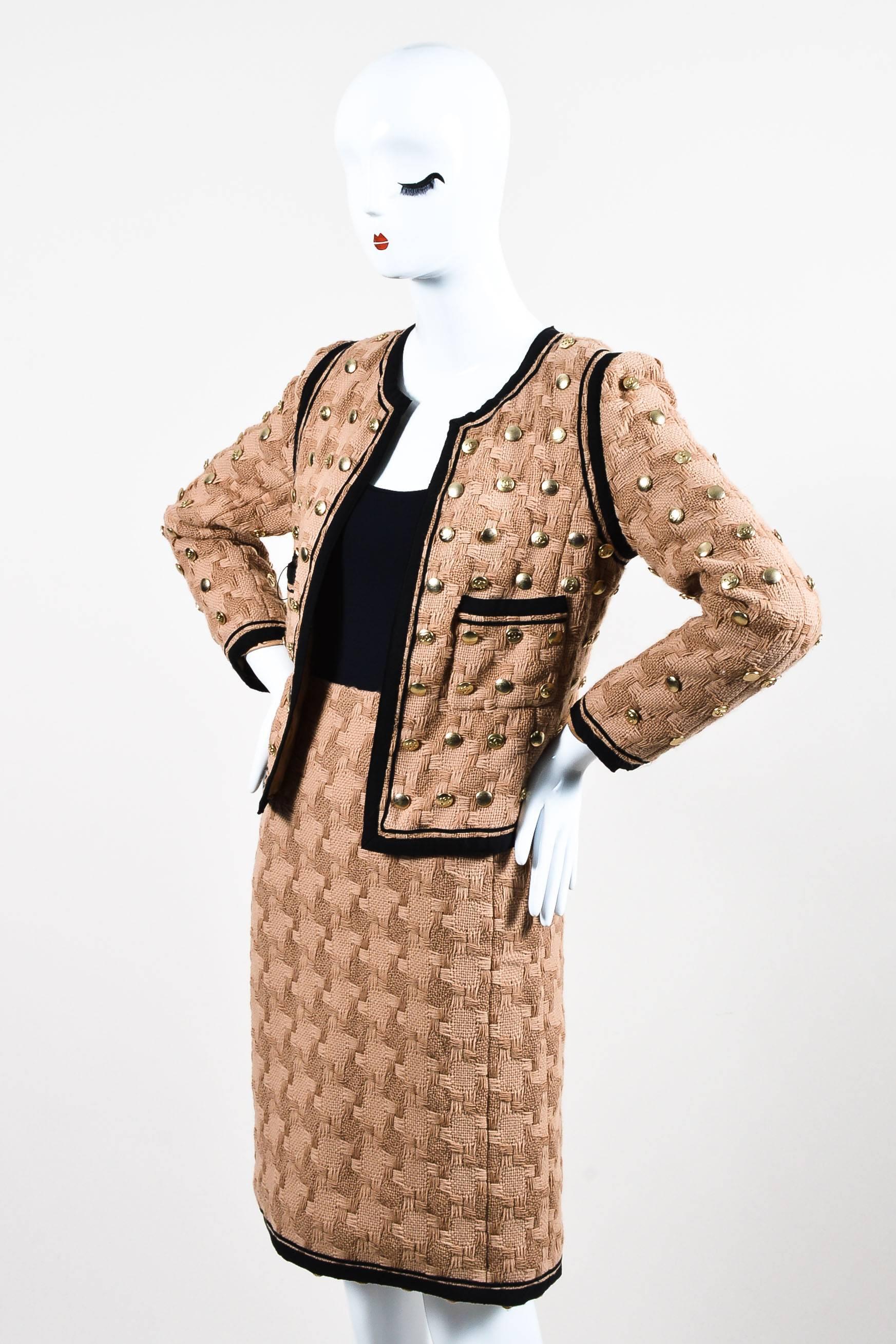 Beige Rare Chanel FW 2008 Tan Black Woven Button Embellished Jacket Skirt Suit SZ 2  For Sale