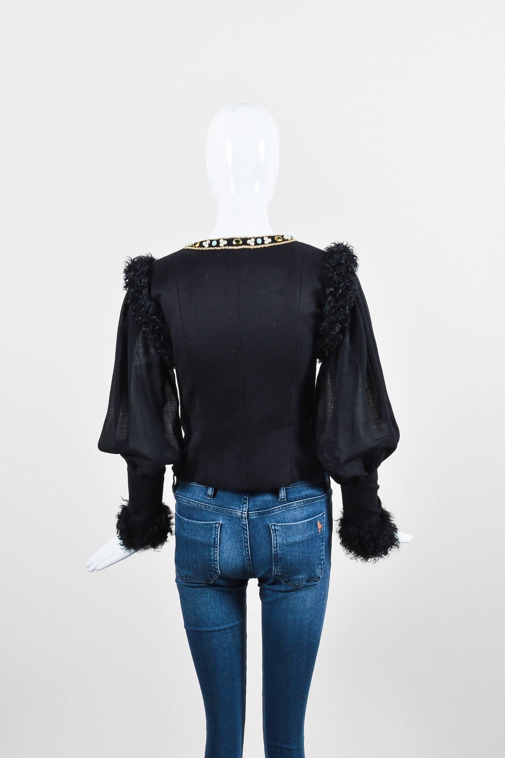 ﻿Chanel 09A Black Multi Cashmere Lamb Fur Trim Bead Embellished LS Jacket SZ 38 In Good Condition For Sale In Chicago, IL