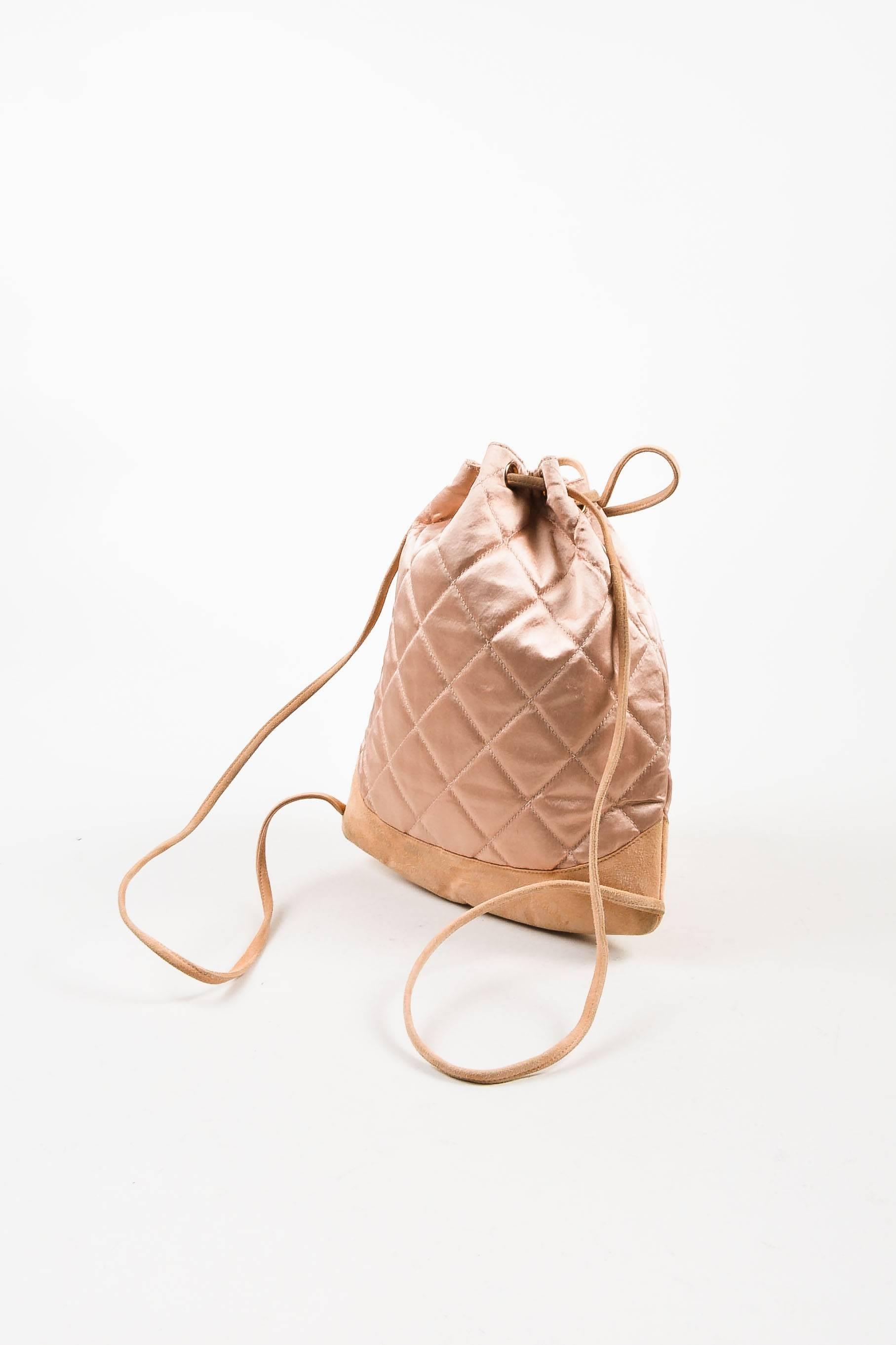 Beige Chanel Blush Pink Suede Satin Quilted Faux Pearl Drawstring Backpack Bag For Sale