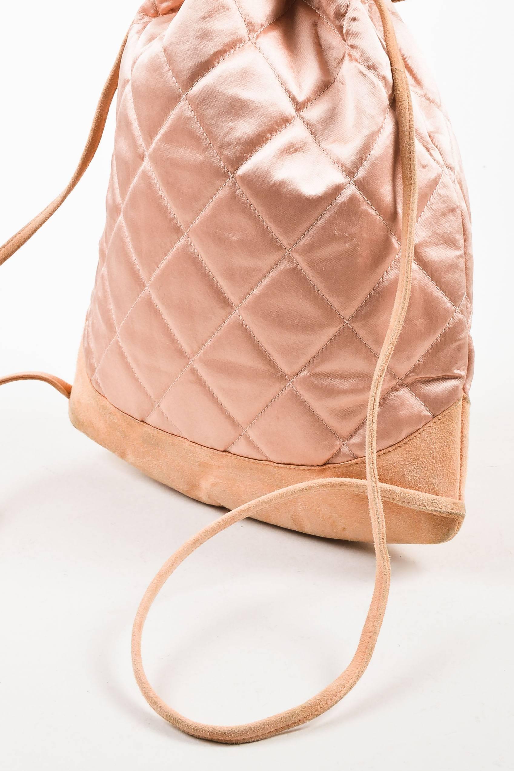 Chanel Blush Pink Suede Satin Quilted Faux Pearl Drawstring Backpack Bag For Sale 1