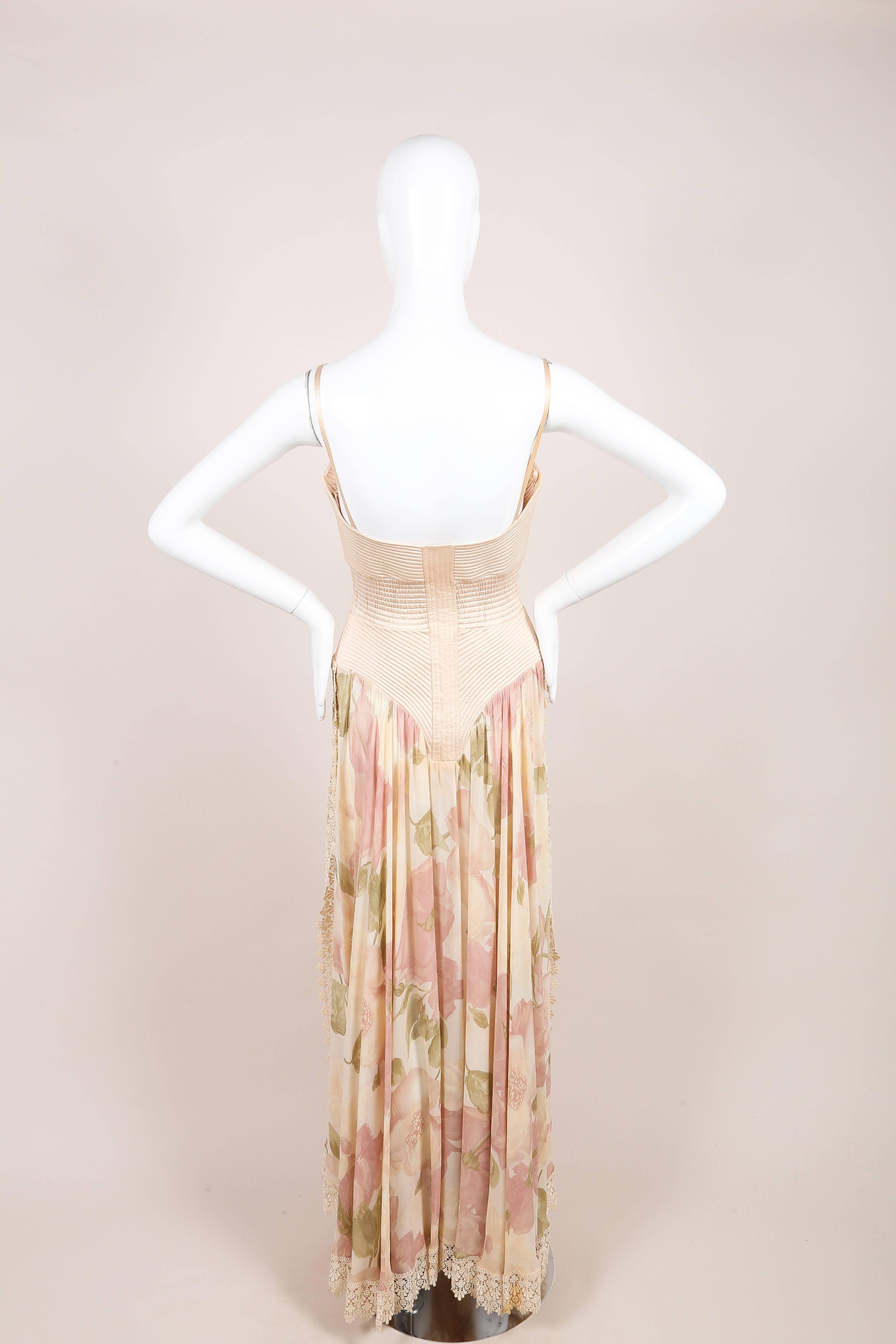 Beige Vintage Valentino Pink Silk Lace Trim Floral Print Sheer Full Length Dress SZ 6 For Sale