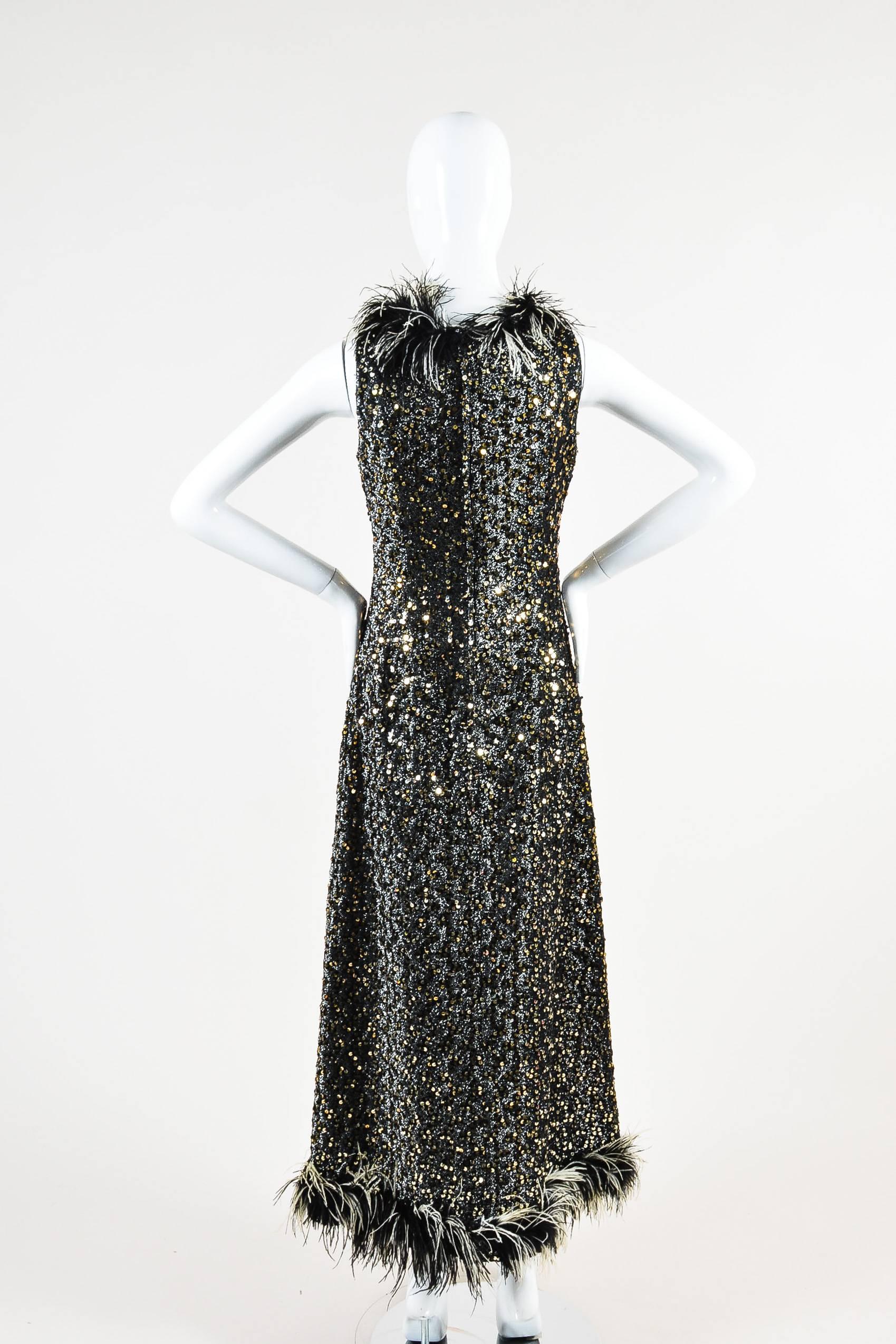 Women's Vintage Jack Bryan Black Silver Metallic Sequin Feather Sleeveless Gown SZ 10 For Sale