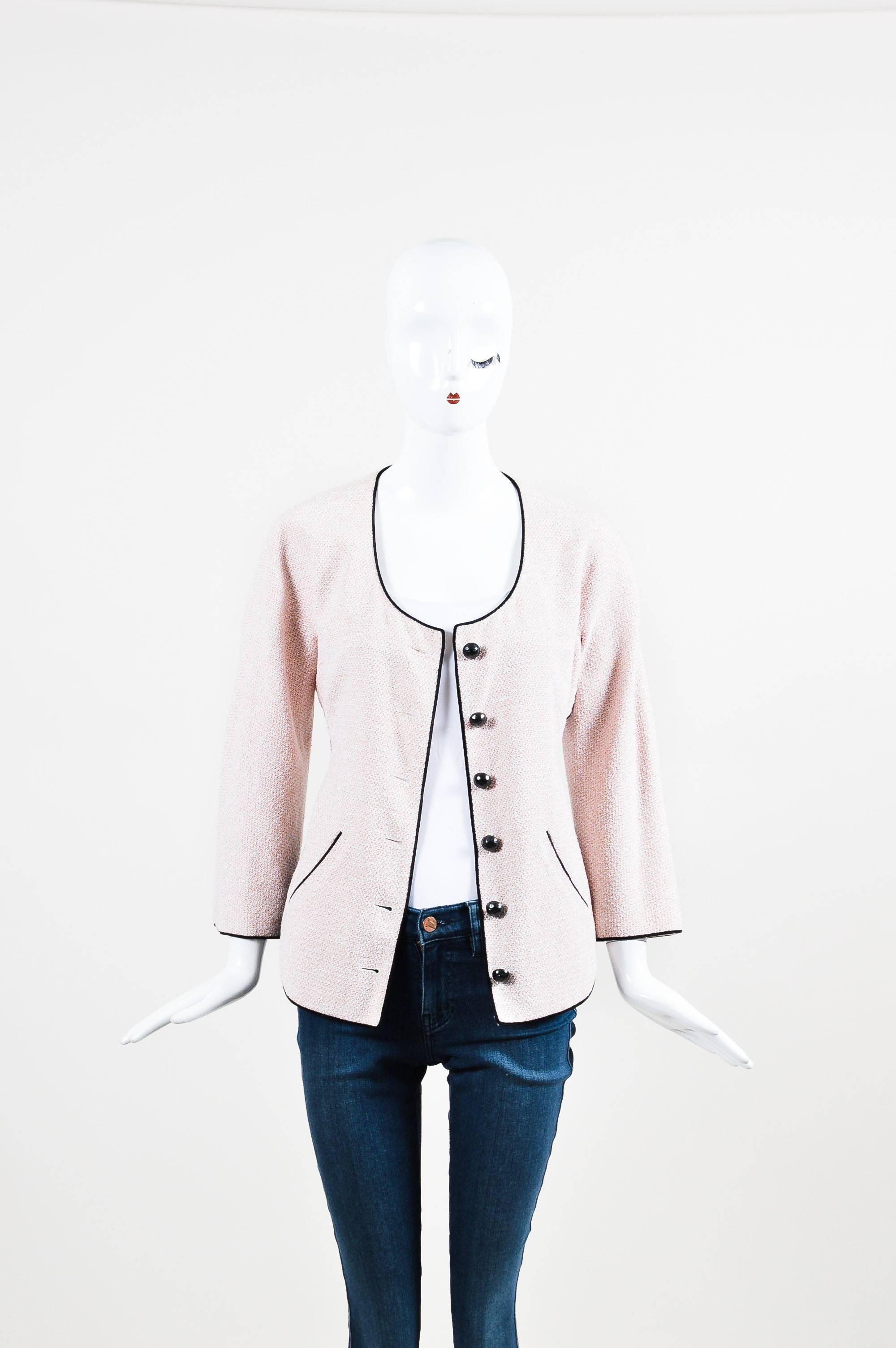 Chanel Pink Black Tweed Open Tie Back Cropped Sleeve Jacket SZ 40 For Sale 1