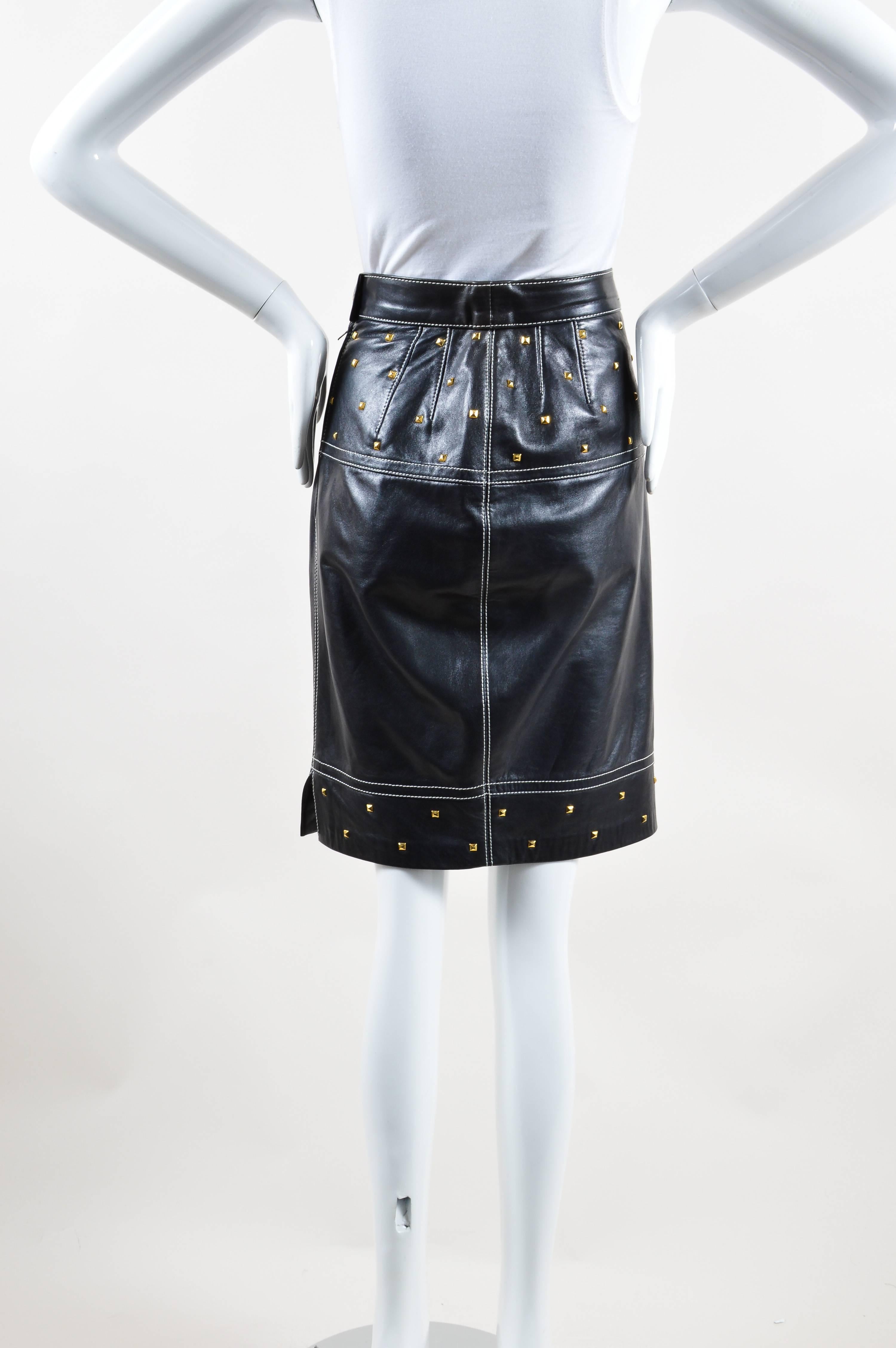 Vintage Escada Black Gold Tone Leather Studded Embellished Pencil Skirt Sz 34 In Good Condition For Sale In Chicago, IL