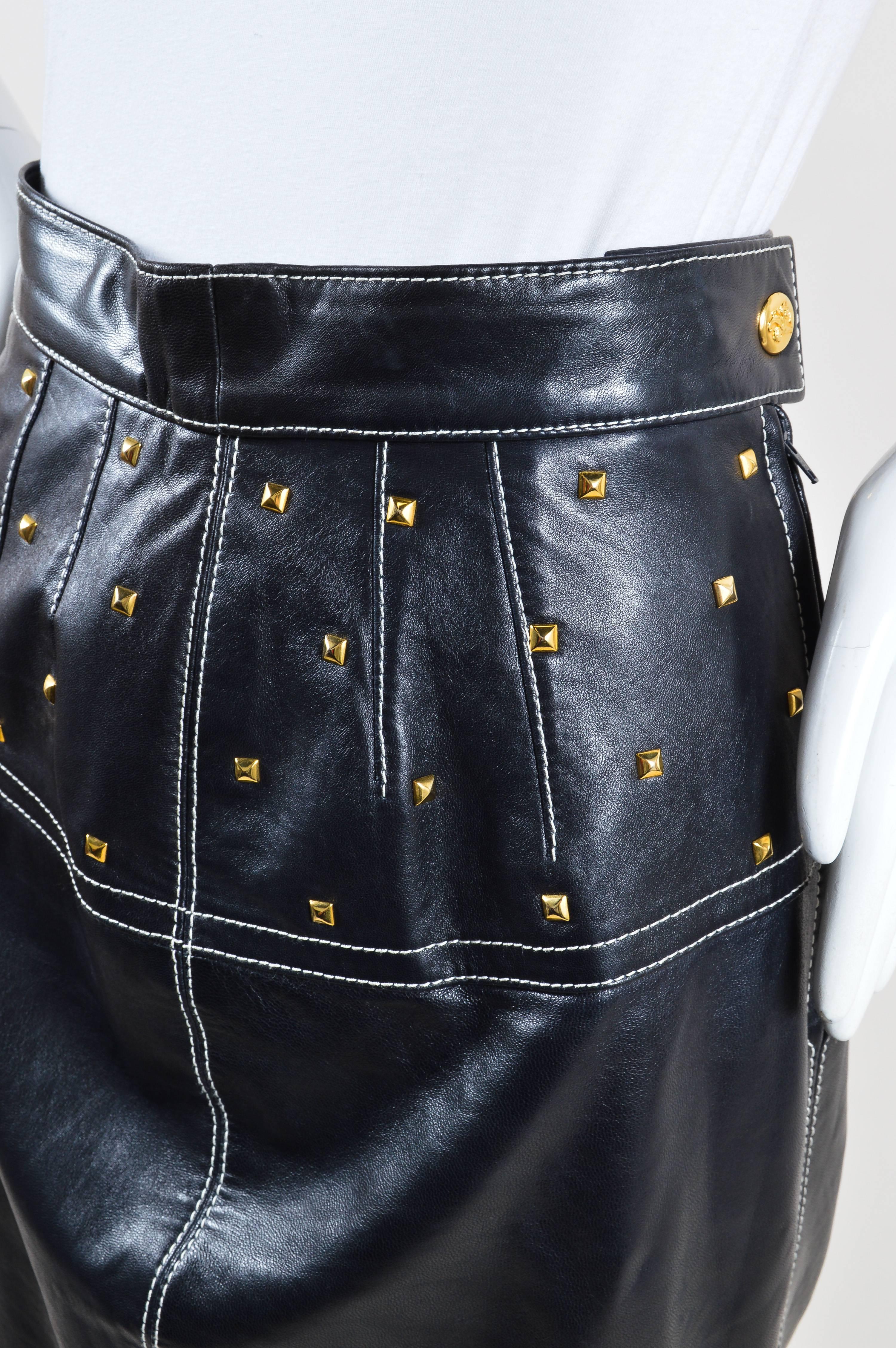 Women's Vintage Escada Black Gold Tone Leather Studded Embellished Pencil Skirt Sz 34 For Sale
