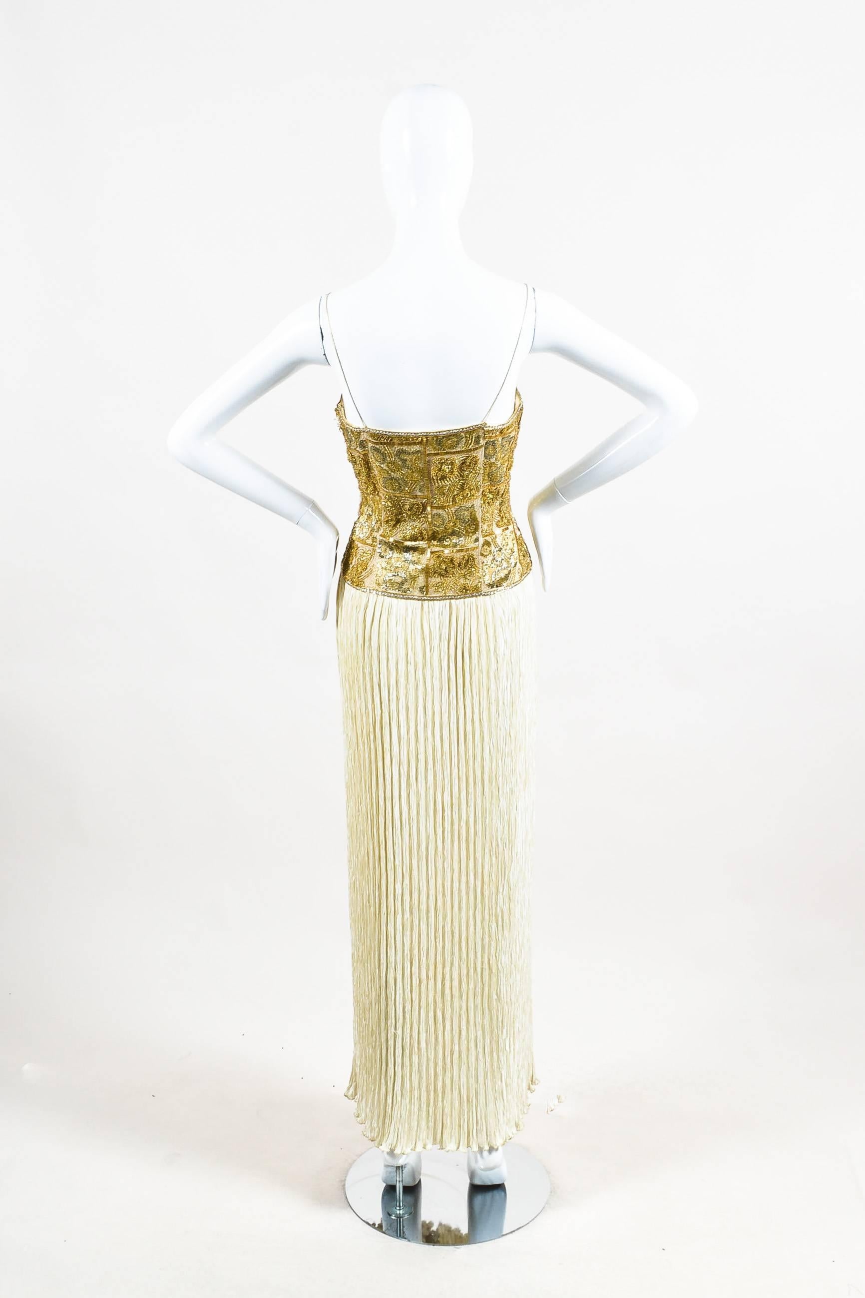 Beige Vintage Mary McFadden White & Metallic Gold Beaded & Crinkled Gown SZ 6 For Sale