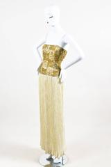 Vintage Mary McFadden White & Metallic Gold Beaded & Crinkled Gown SZ 6