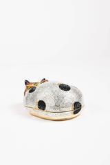 Judith Leiber Silver Black Polka Dot Austrian Crystals "Sleeping Cat" Clutch