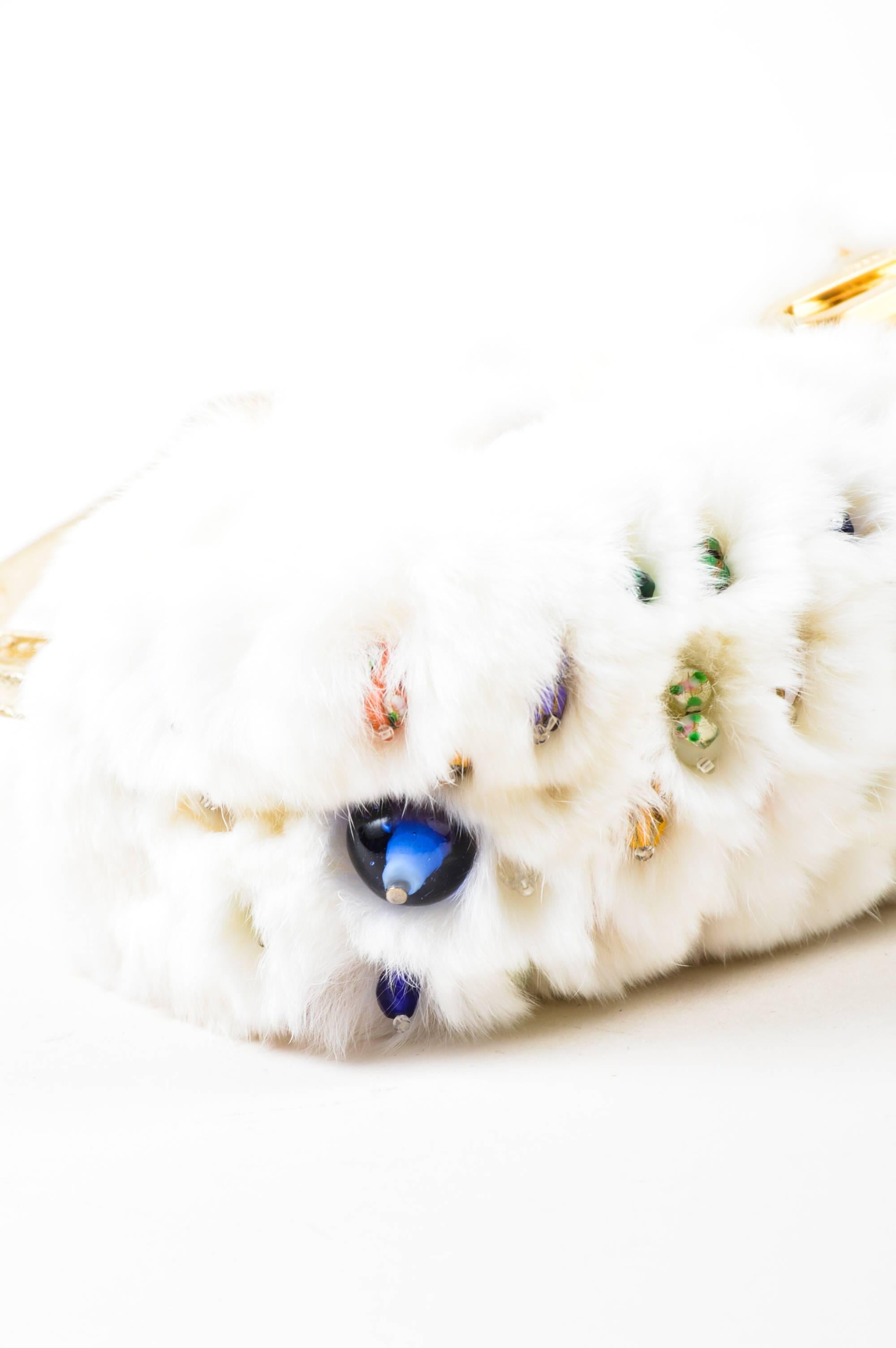 Jimmy Choo White Rabbit Fur Multicolor Beaded Gold Tone Handle 