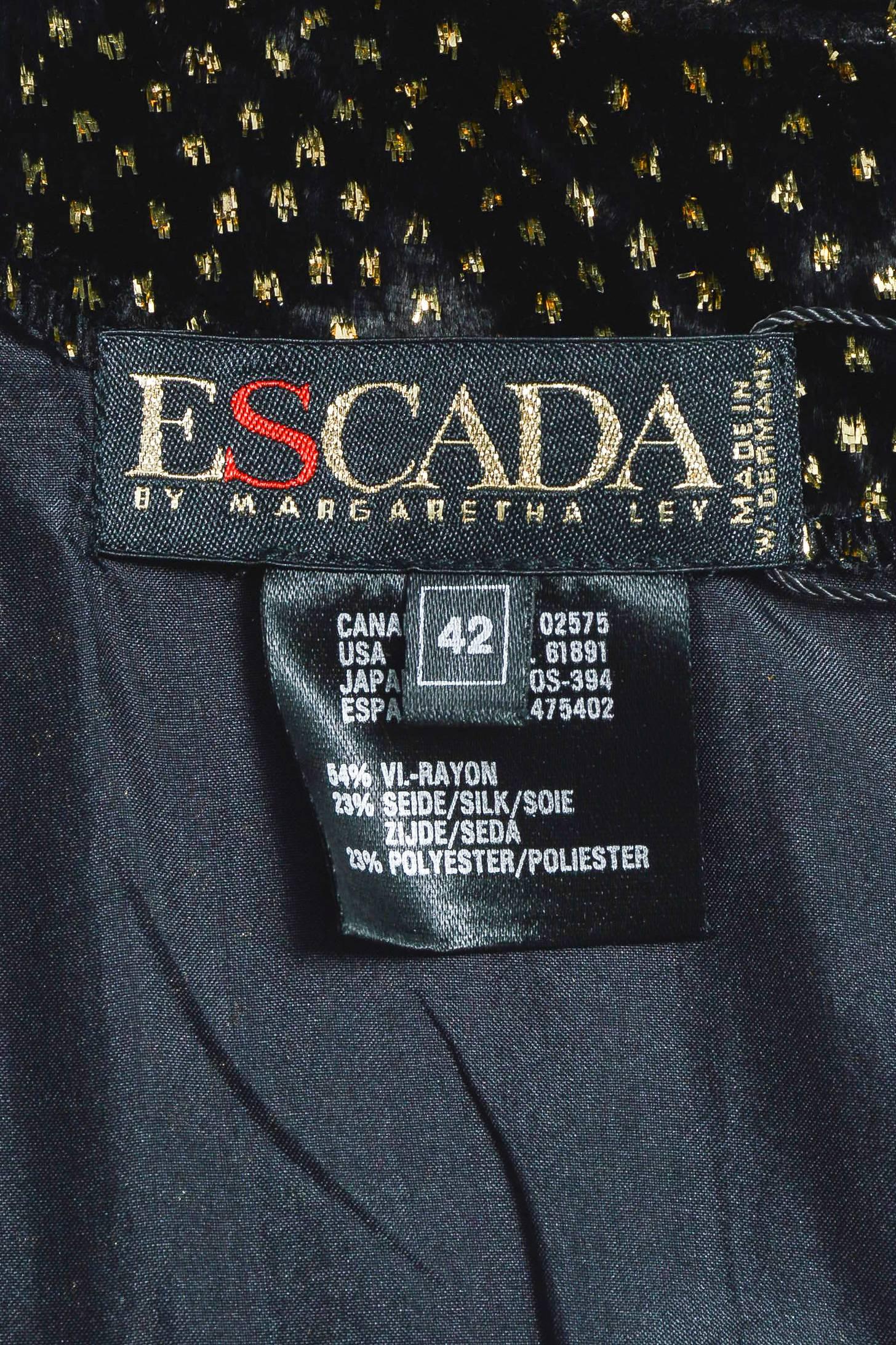 Vintage Escada Black Metallic Gold Velvet Sparkle Long Sleeve Dress SZ 42 For Sale 1