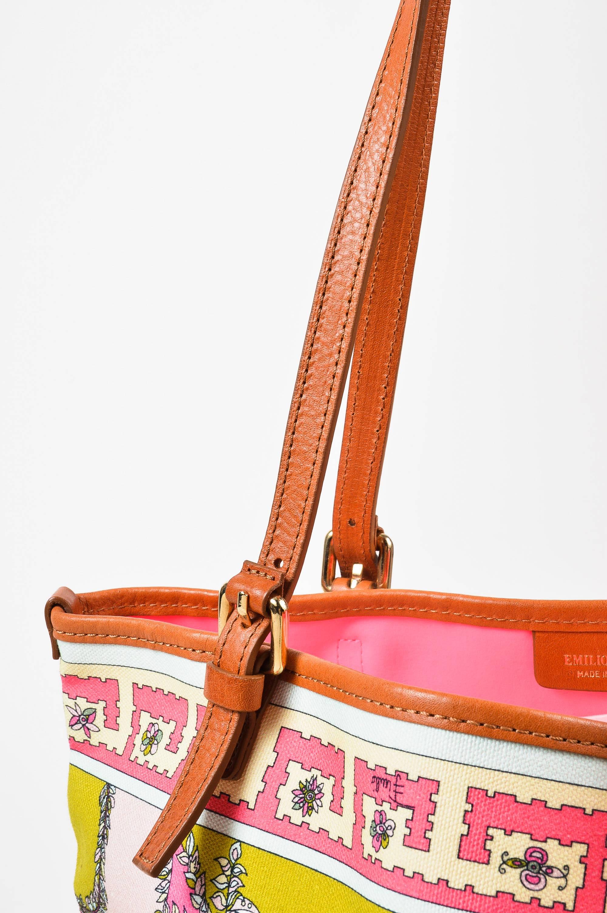 Emilio Pucci NWOT Multicolor Tan Canvas Leather Trim Printed Tote Bag For Sale 1