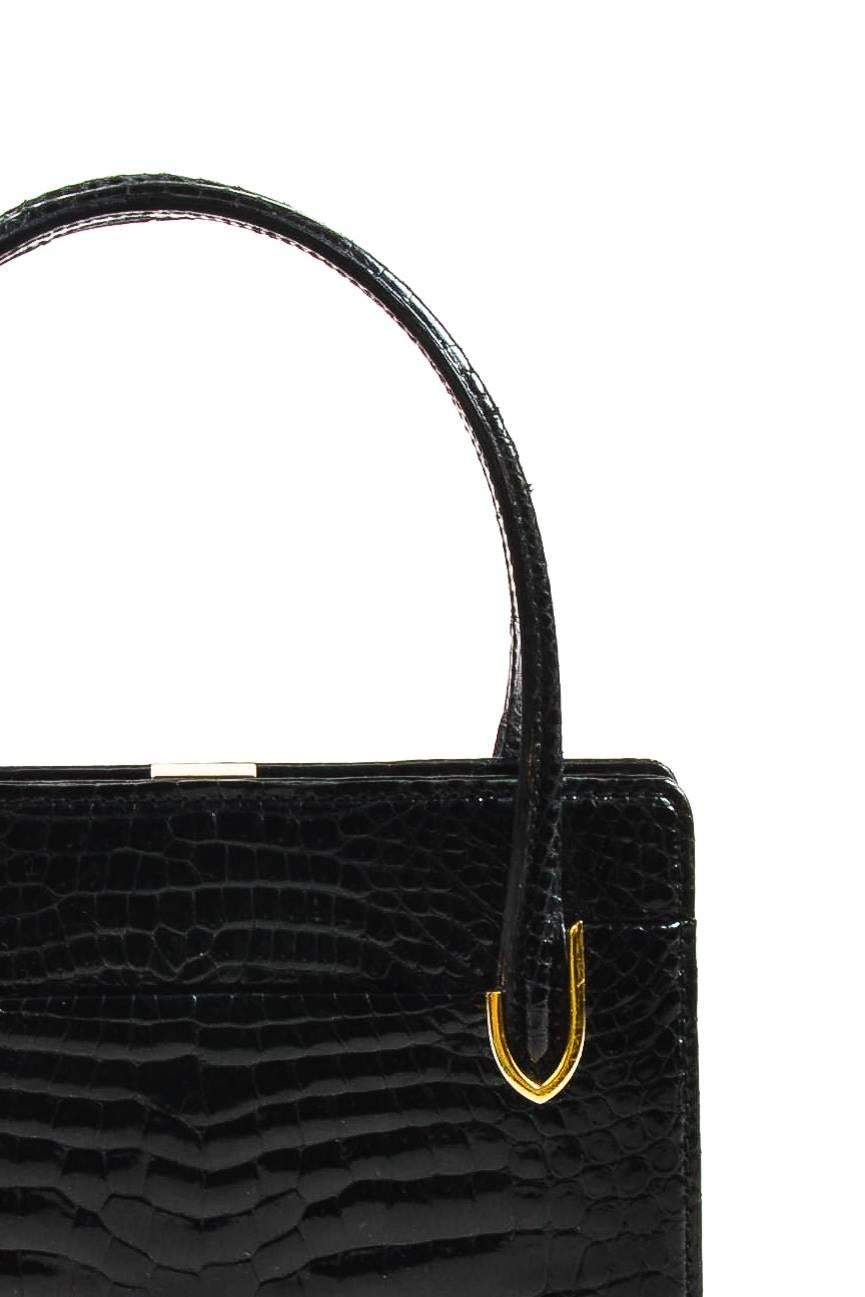 Vintage Gucci Black Crocodile Leather Structured Handbag For Sale 1
