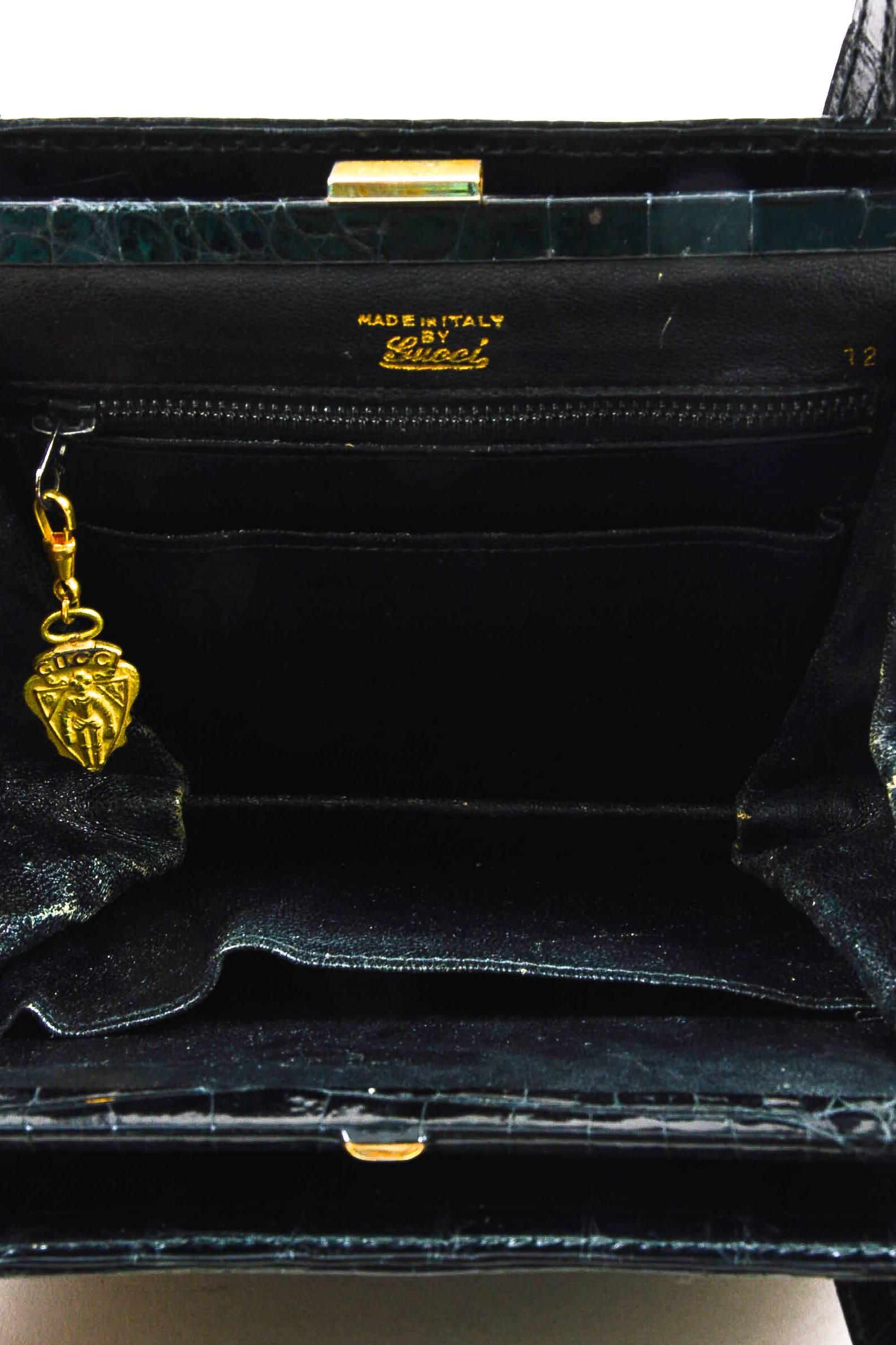 Vintage Gucci Black Crocodile Leather Structured Handbag For Sale 2