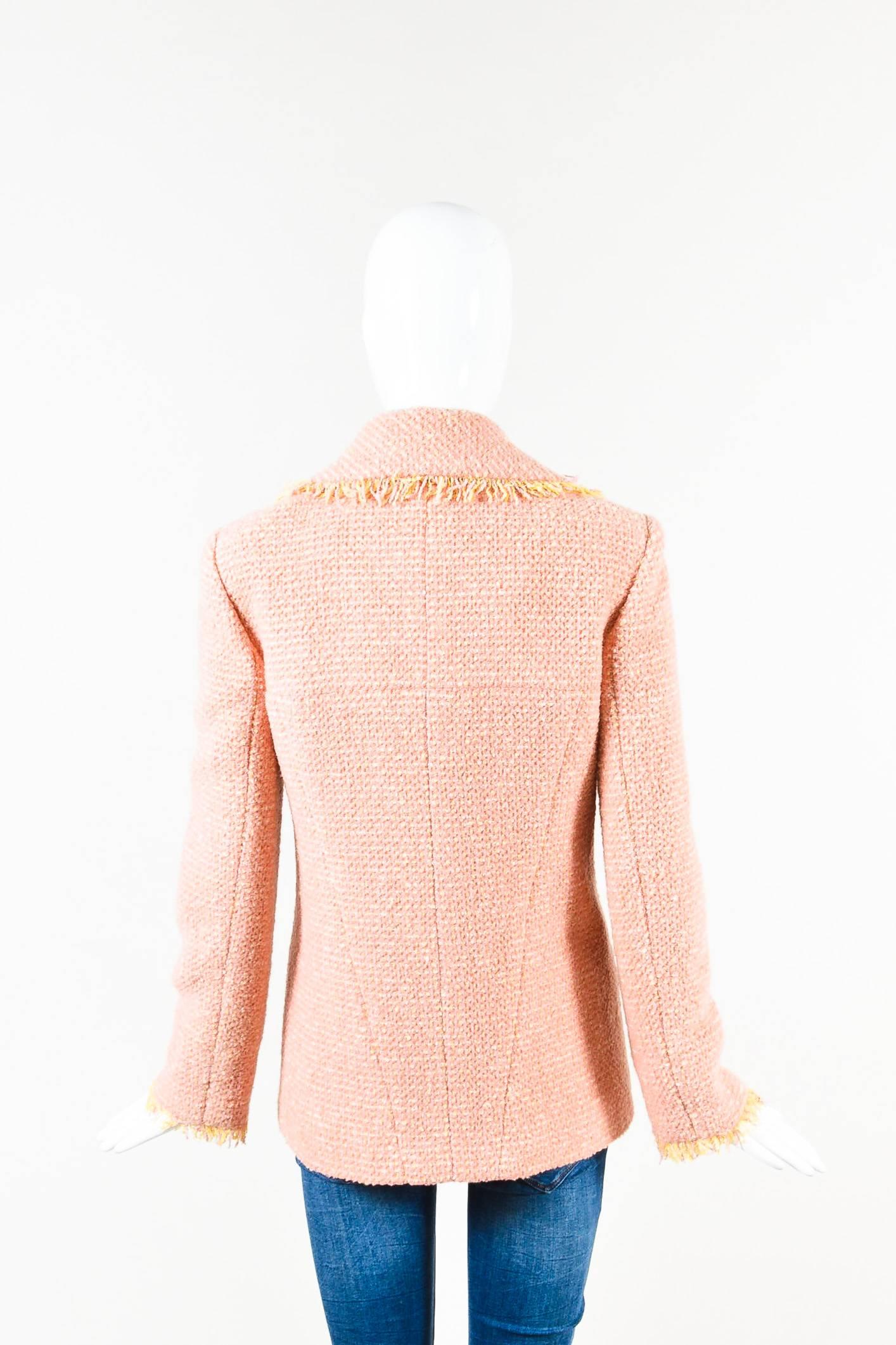 White Chanel 01A Pink & Yellow Wool Tweed Fringe Trim 'COCO' Button Jacket Size 38