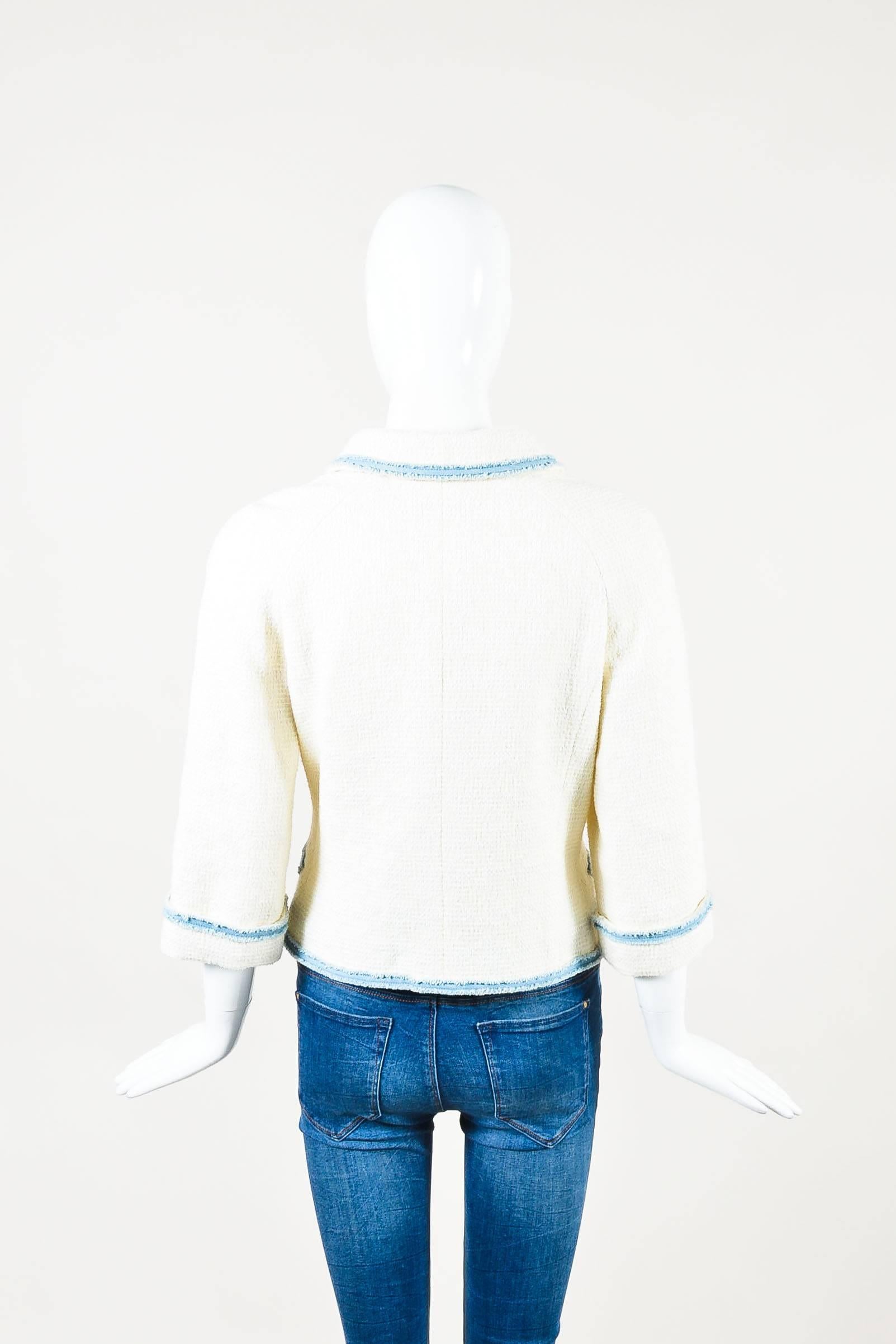 Color: Cream, Light Blue

Made In: France

Fabric Content: Cotton, Nylon; Inset: Cotton, Polyurethane; Lining: Silk

Item Specifics & Details: Cotton construction. Tweed weaving. Contrast denim trimmings with frayed edges. Spread collar. 3/4