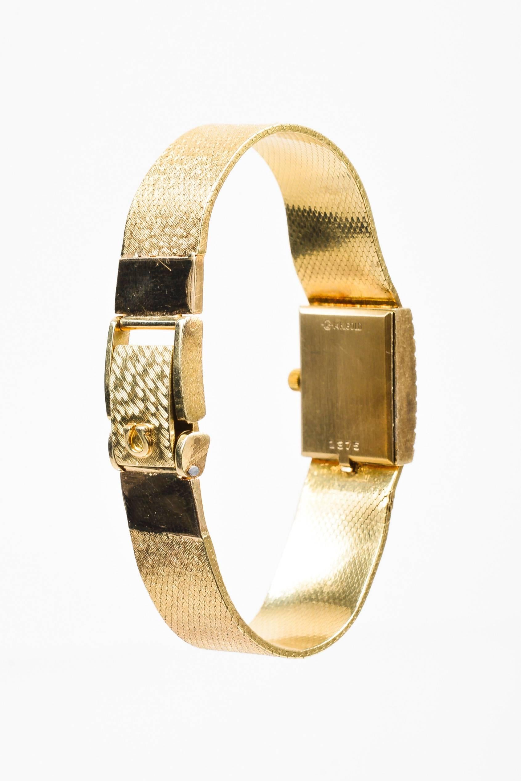 Women's or Men's Vintage Omega $3995 14K Yellow Gold Diamond Rectangle Quartz Watch For Sale