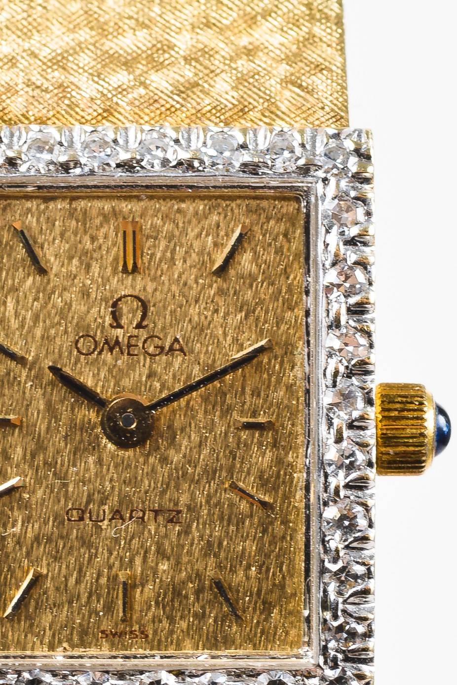 Vintage Omega $3995 14K Yellow Gold Diamond Rectangle Quartz Watch For Sale 1