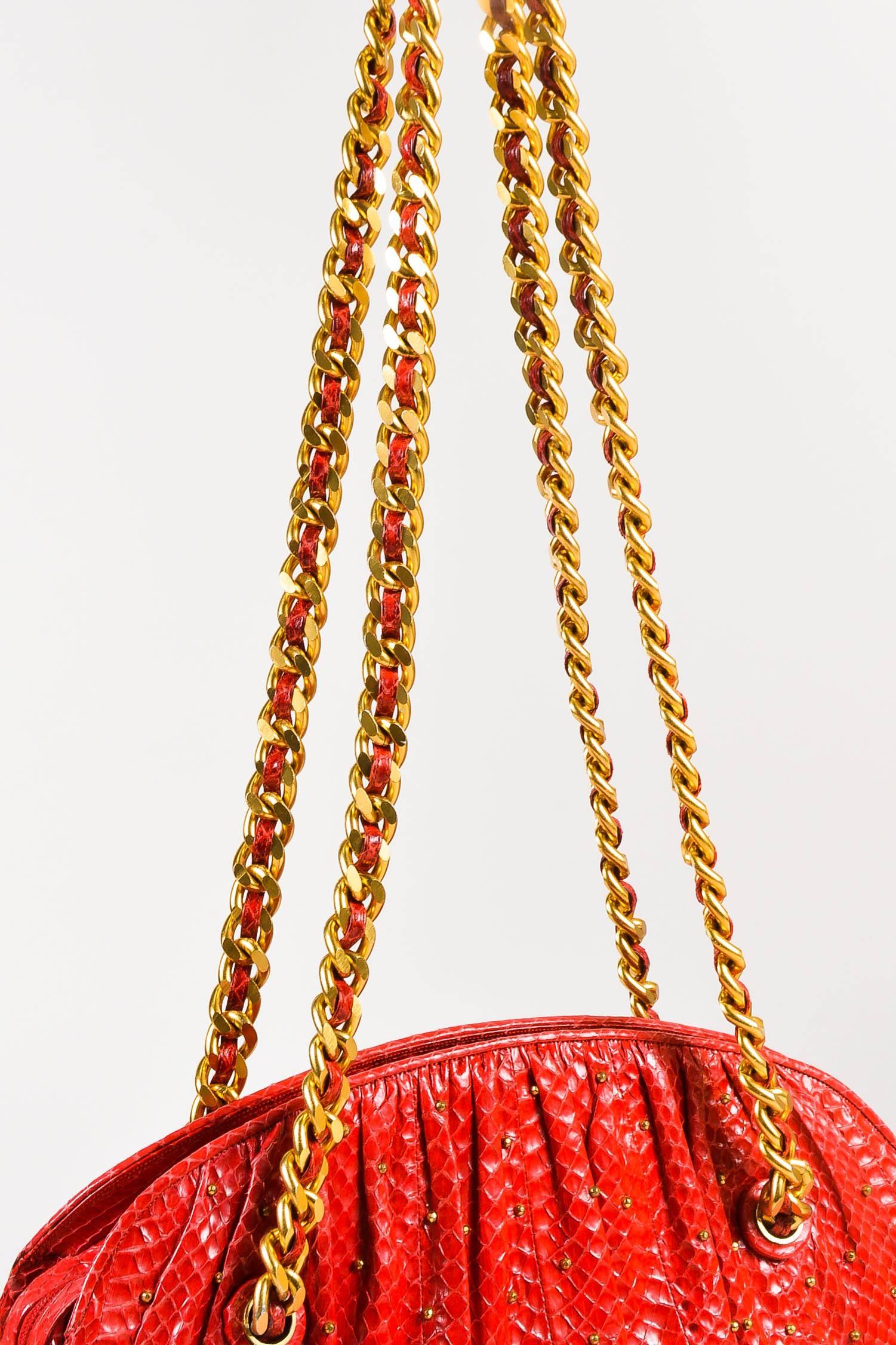Vintage Judith Lieber Red Python Gold Tone Studded Pleated Chain Link Strap Bag  For Sale 1